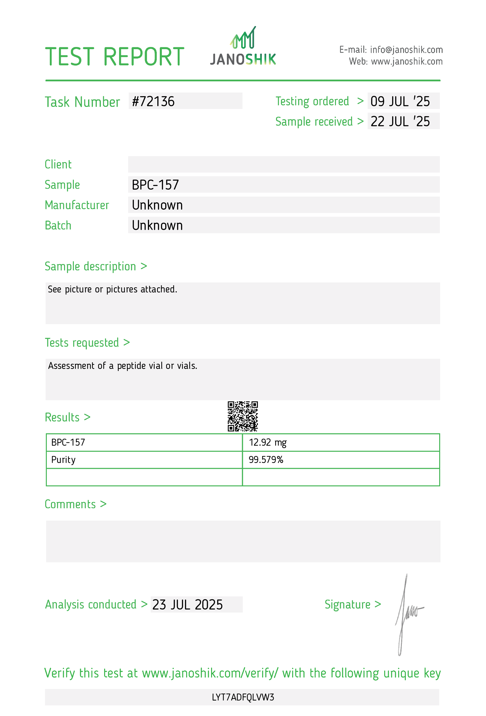 BPC-157 COA – laboratory test report for BPC-157 research peptide – Nordexa Research