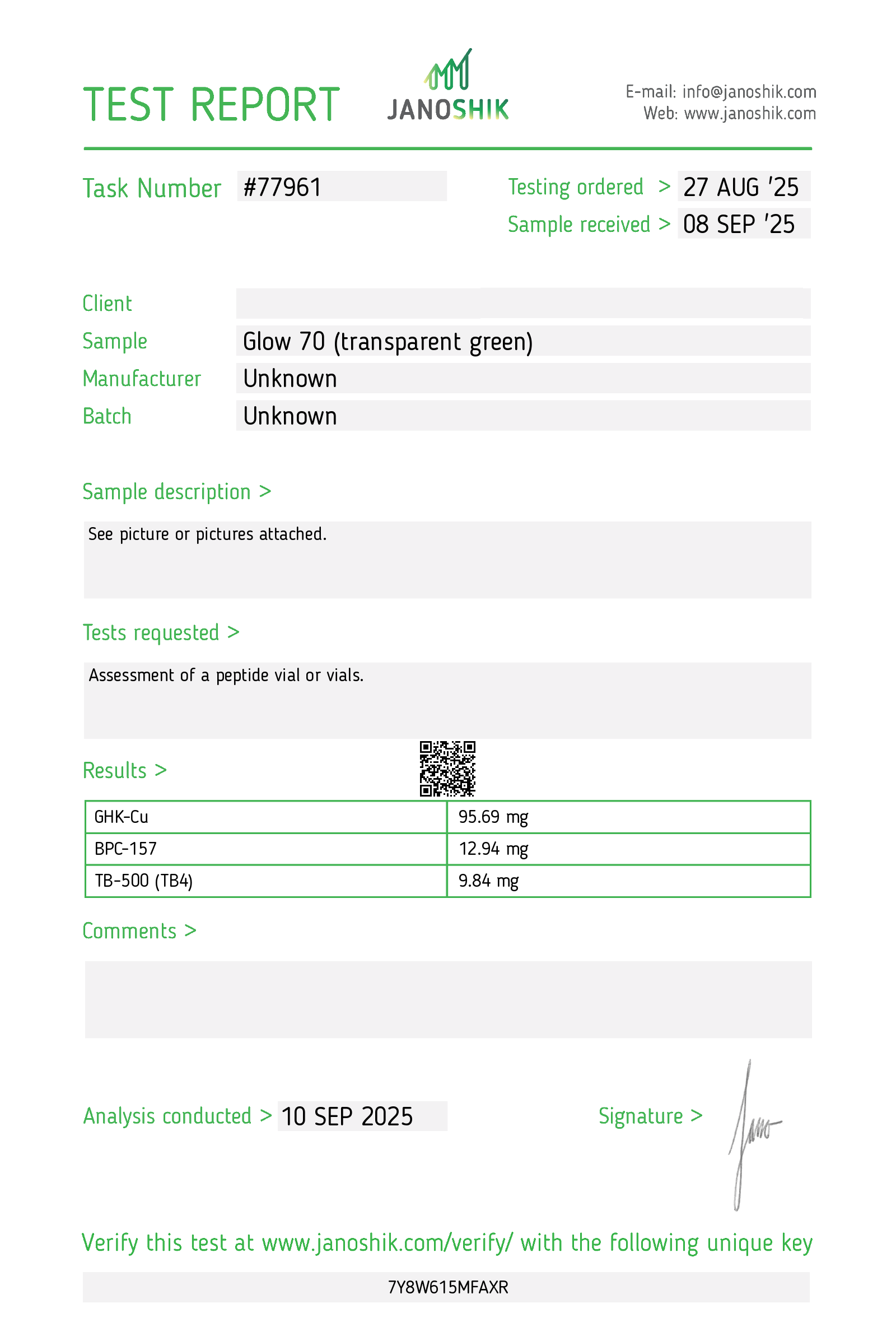 GLOW COA – laboratory test report for GLOW research peptide – Nordexa Research