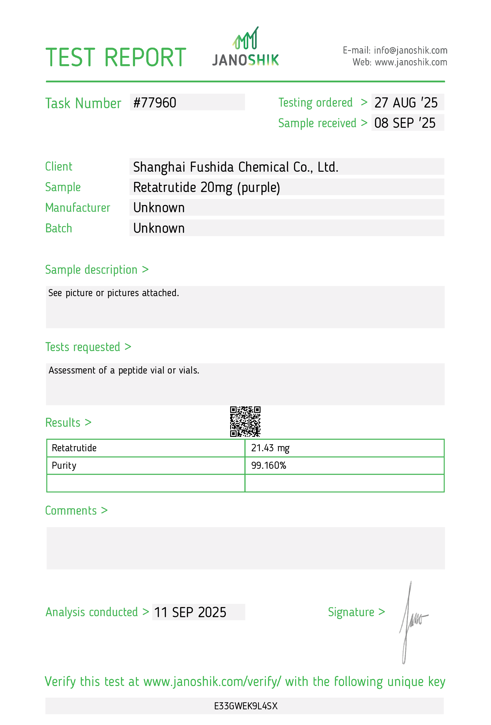 RETA-20mg COA – laboratory test report for Retatrutide 20mg research peptide – Nordexa Research