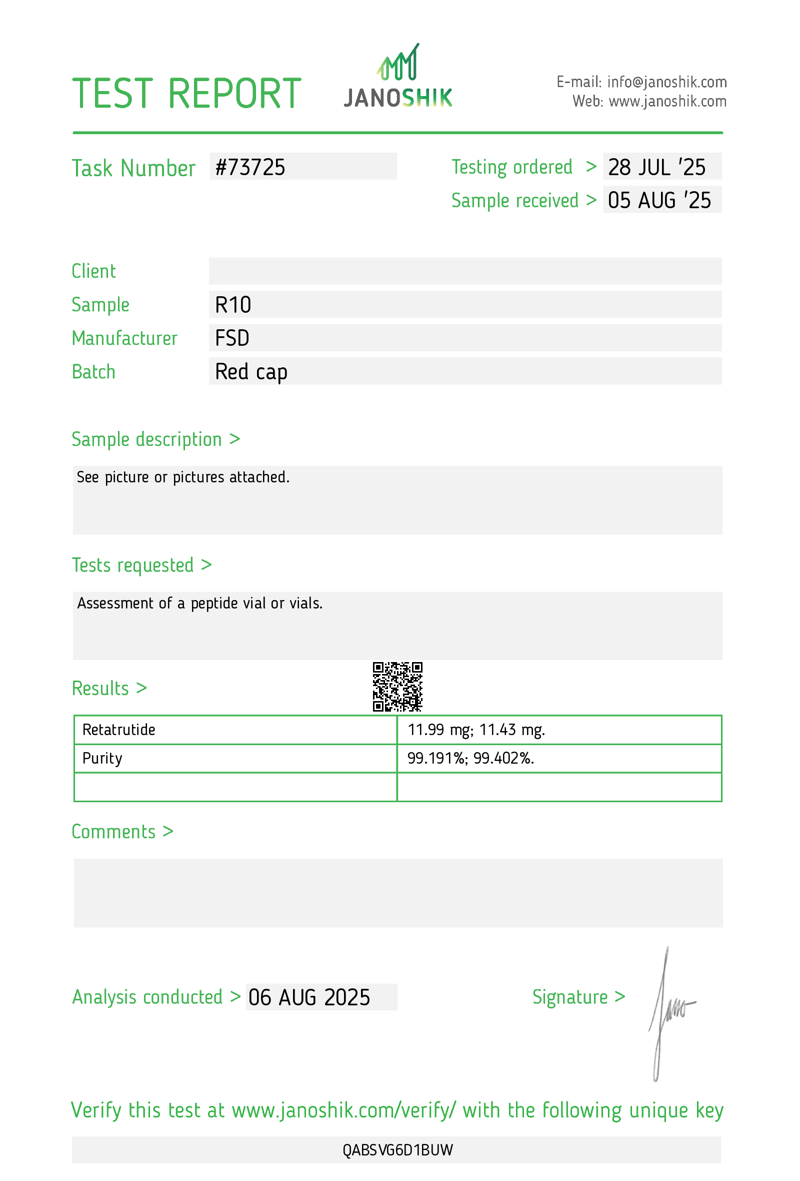 RETA-10mg COA – laboratory test report for Retatrutide 10mg research peptide – Nordexa Research