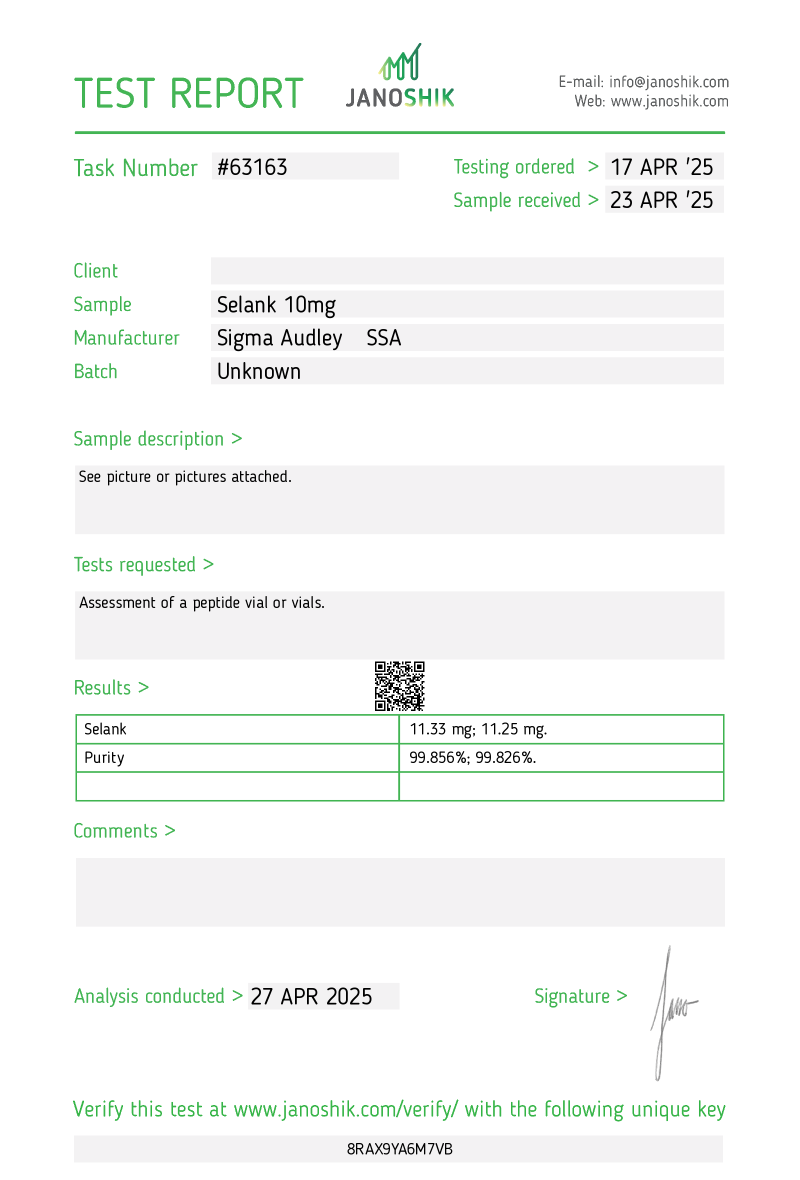 Selank 10mg COA – laboratory test report for Selank research peptide – Nordexa Research