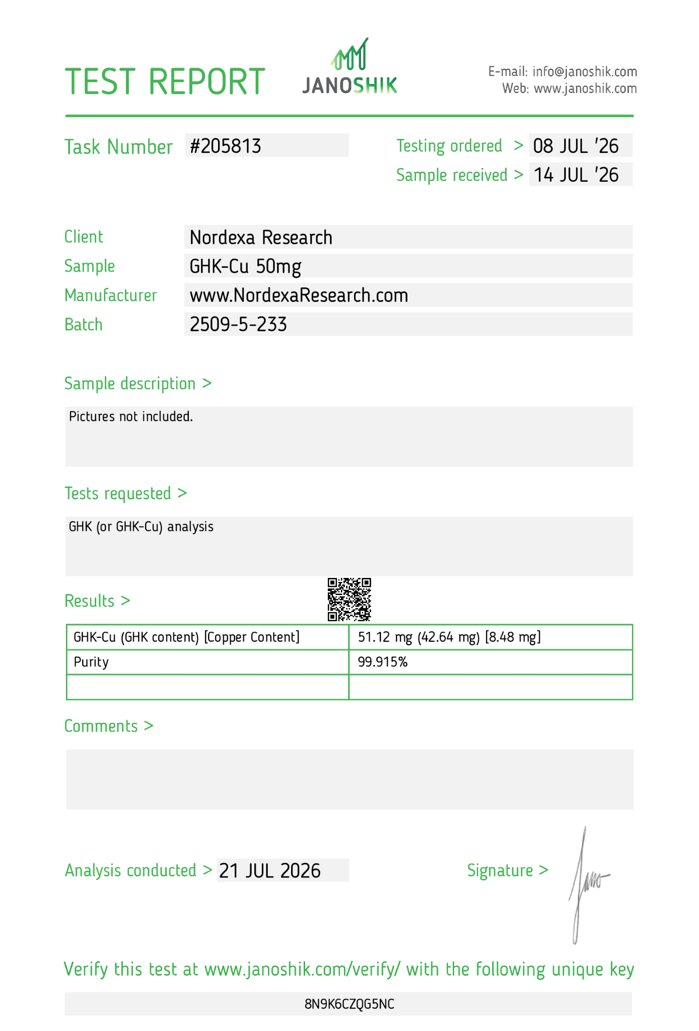 Janoshik report #205813 for Nordexa GHK-Cu 50mg, batch 2509-5-233
