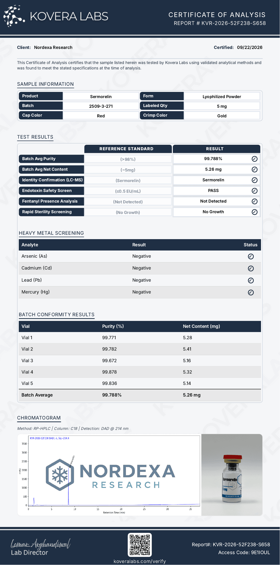 Kovera Labs certificate KVR-2026-52F238-S658 for Nordexa Sermorelin 5 mg, batch 2509-3-271
