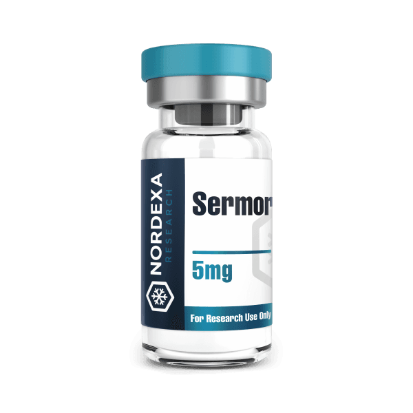 Nordexa Research Sermorelin 5 mg vial illustration with 5mg and For Research Use Only label