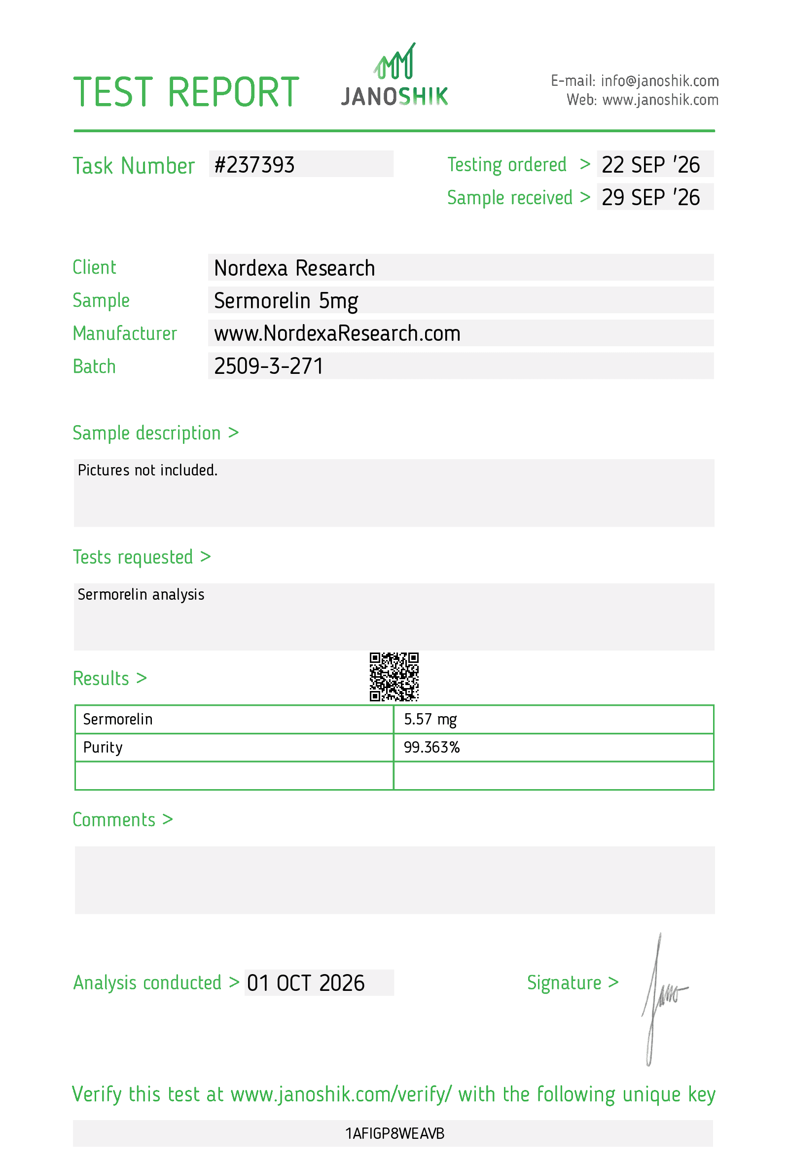 Janoshik report 237393 for Nordexa Sermorelin 5 mg, batch 2509-3-271